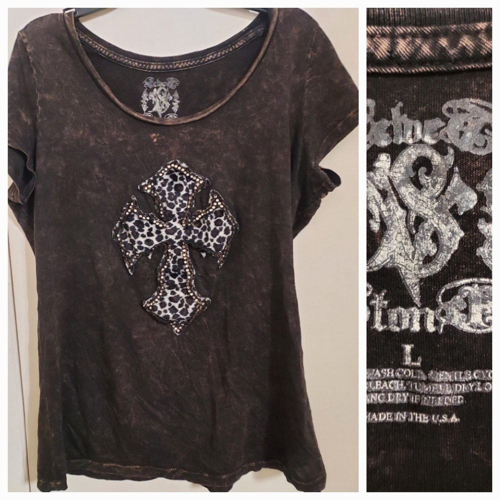 Womens Velvet stone Jewel Cross Shirt L
